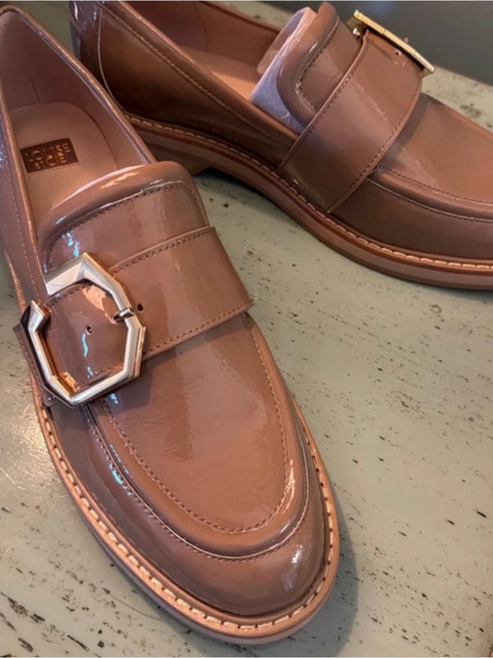 Louise et Cie Patent Loafers in Taupe with Gold Buckle